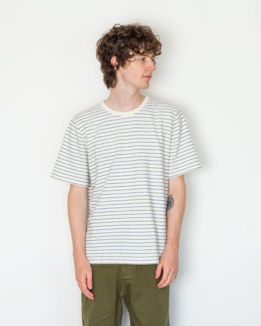 S/S Textured Stripe Tee - Ecru/Soft Blue