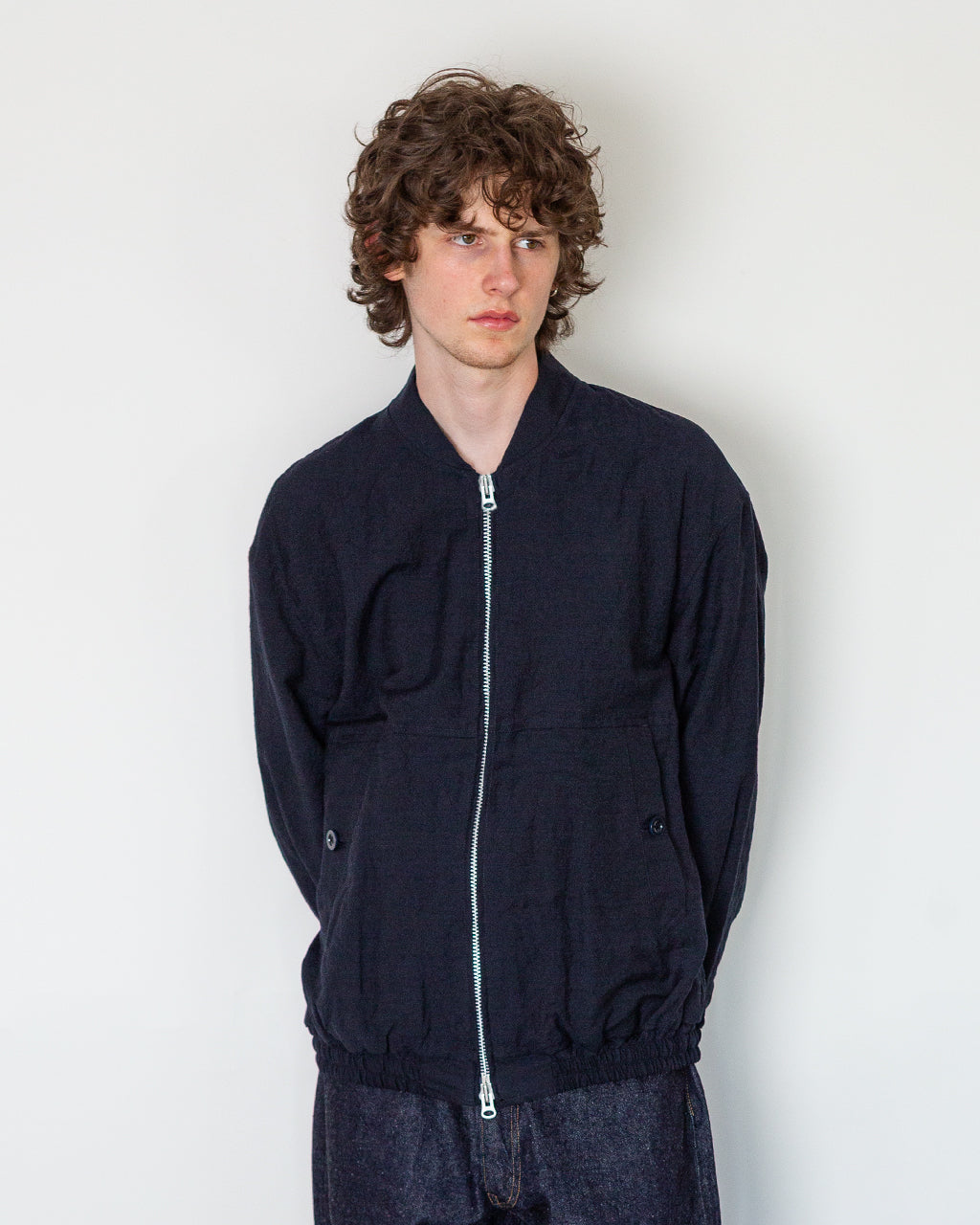 Tumble Washed Full Zip Short Jacket - Navy