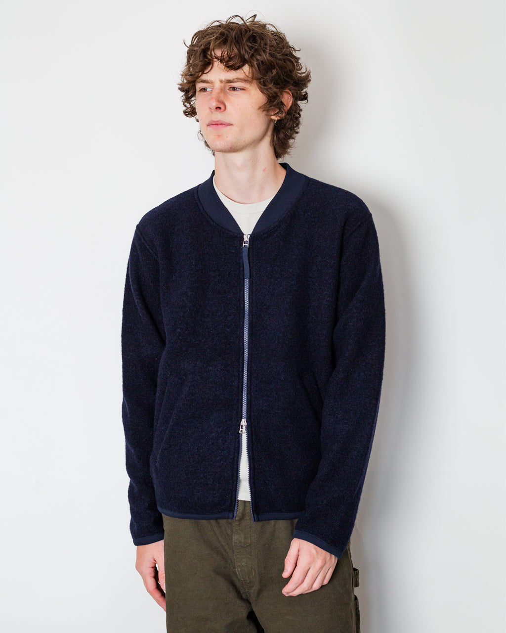 Wool Fleece Zip Bomber - Navy
